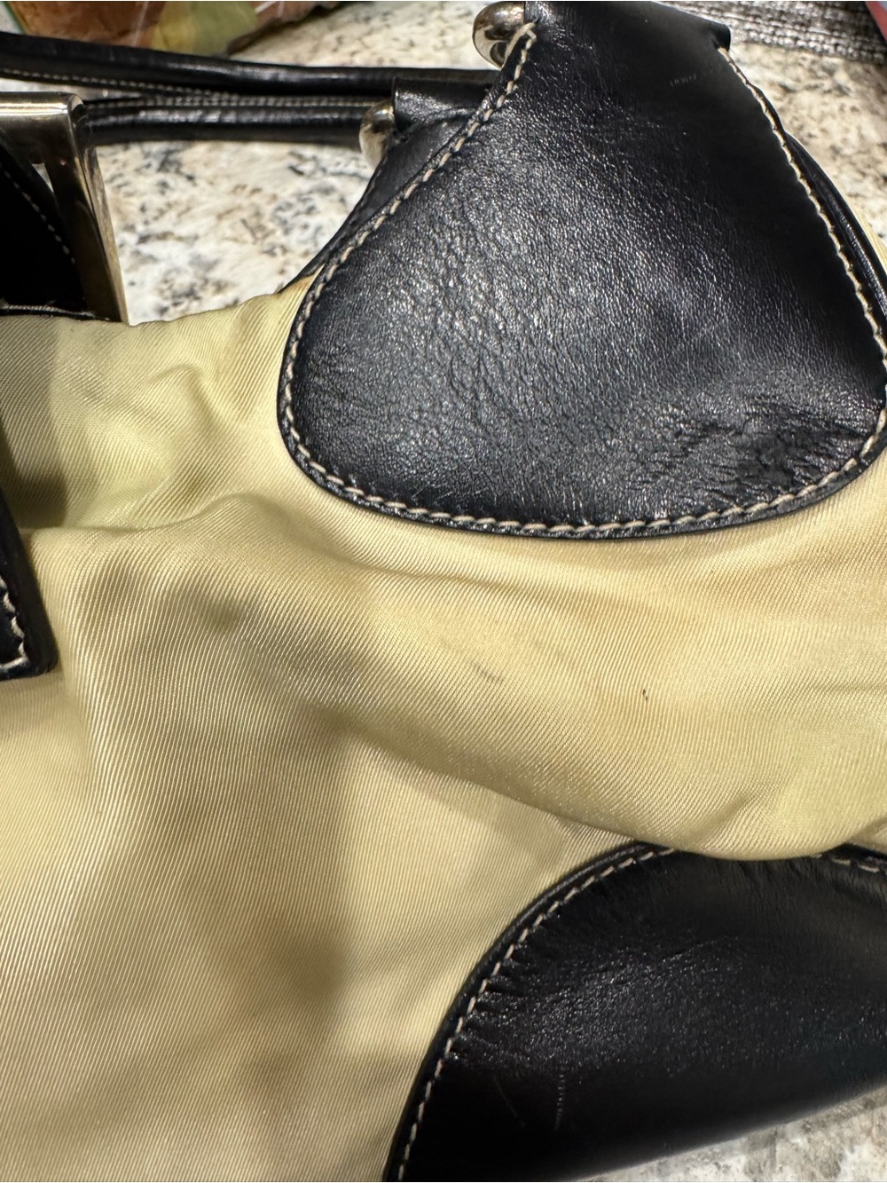 Prada Tessuto Moon Cream and Black Leather-Trim Shoulder Bag with Buckle Accent - Picture 4 of 7